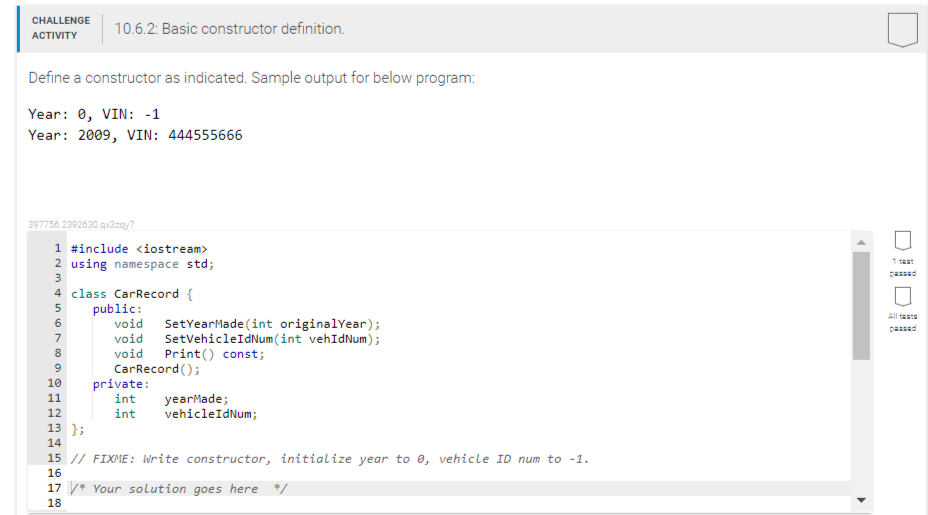 Challenge Activity 10 6 2 Basic Constructor Definition Define A Constructor As Indicated Sample Output For Below Prog 1