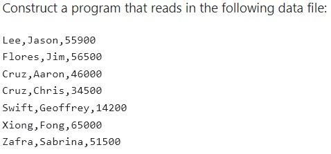 Construct A Program That Reads In The Following Data File Lee Jason 55900 Flores Jim 56500 Cruz Aaron 46000 Cruz 1