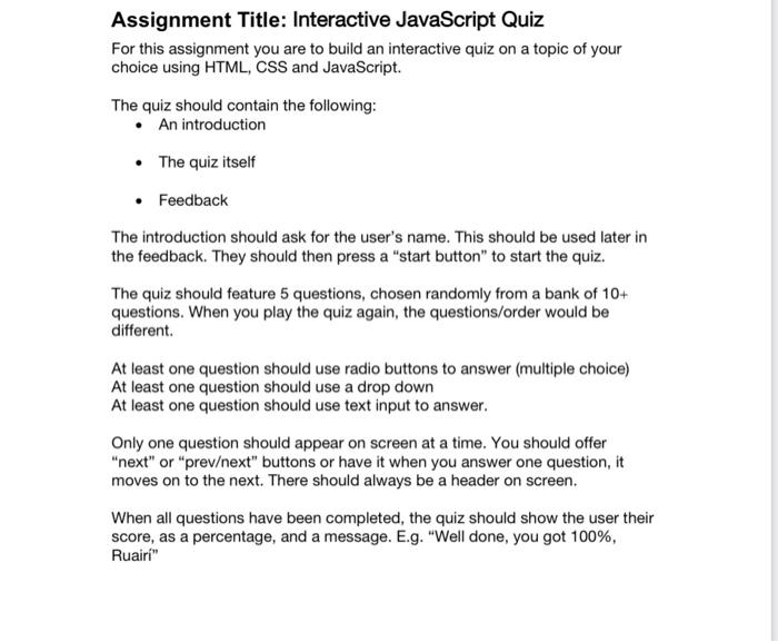 Assignment Title Interactive Javascript Quiz For This Assignment You Are To Build An Interactive Quiz On A Topic Of You 1