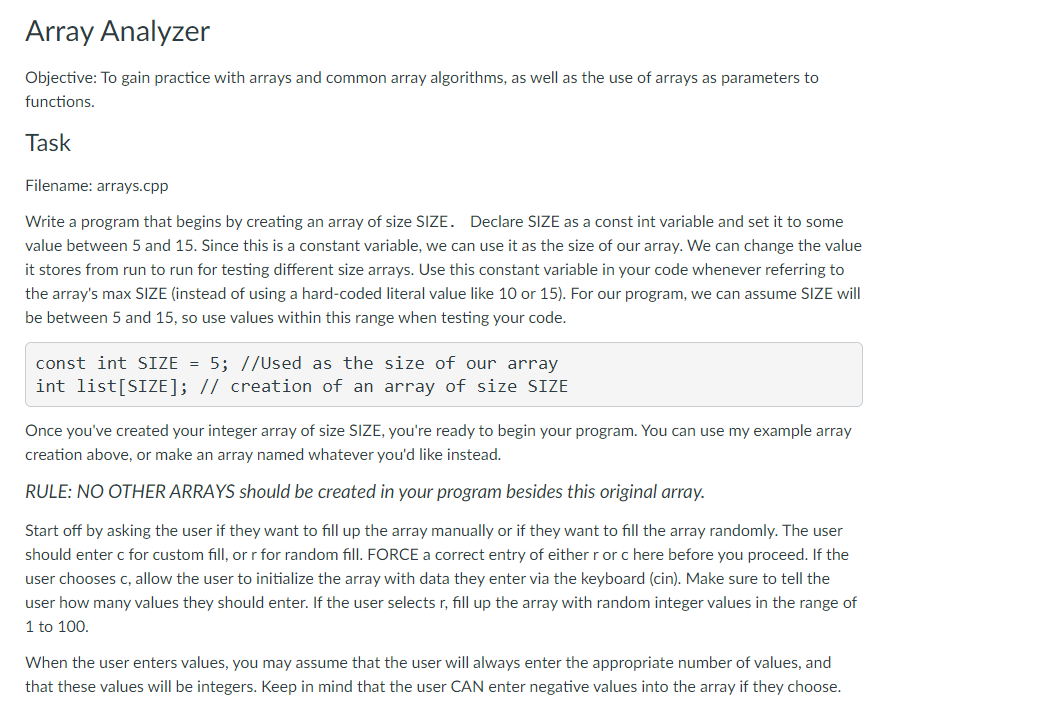 Array Analyzer Objective To Gain Practice With Arrays And Common Array Algorithms As Well As The Use Of Arrays As Para 1