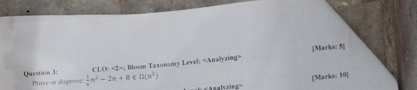 Clo 2 Bloom Taxonomy Level Analyzing Question 3 Prove Or Disprove N 2n 8 N N Analyzing Marks 5 Ma 1