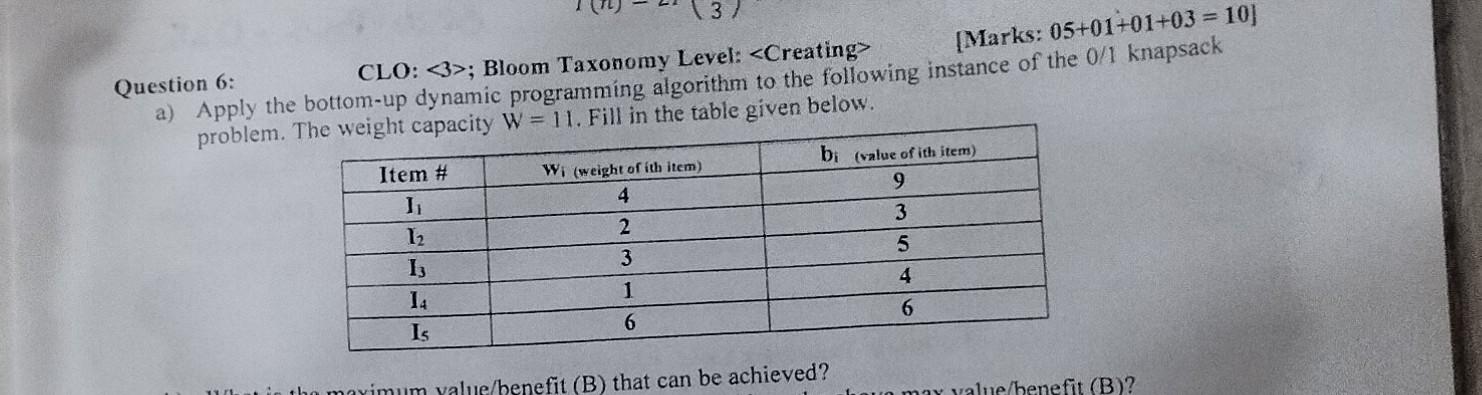 3 Question 6 Clo 3 Bloom Taxonomy Level Marks 05 01 01 03 10 A Apply The Bottom Up Dynamic Programming Al 1