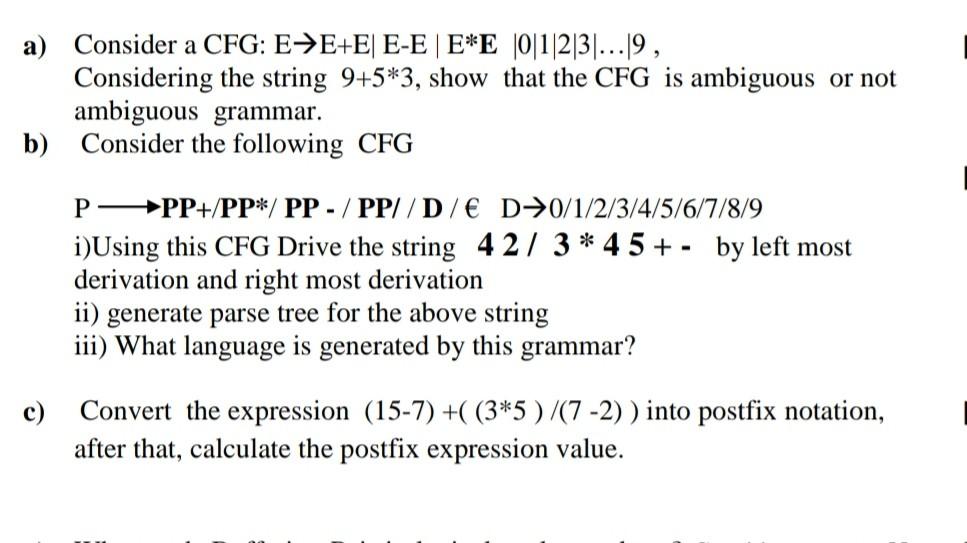 A Consider A Cfg Ee E E E E E 0 1 2 3 19 Considering The String 9 5 3 Show That The Cfg Is Ambiguous Or Not A 1