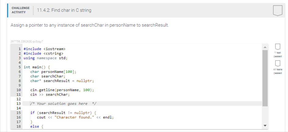Challenge 11 4 2 Find Char In C String Activity Assign A Pointer To Any Instance Of Searchchar In Personname To Searchr 1