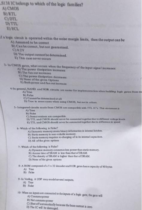 138 Ic Belongs To Which Of The Logic Families A Cmos B Rtl C Dtl D Ttl E Ecl Af A Logic Circuit Is Operated Withi 1
