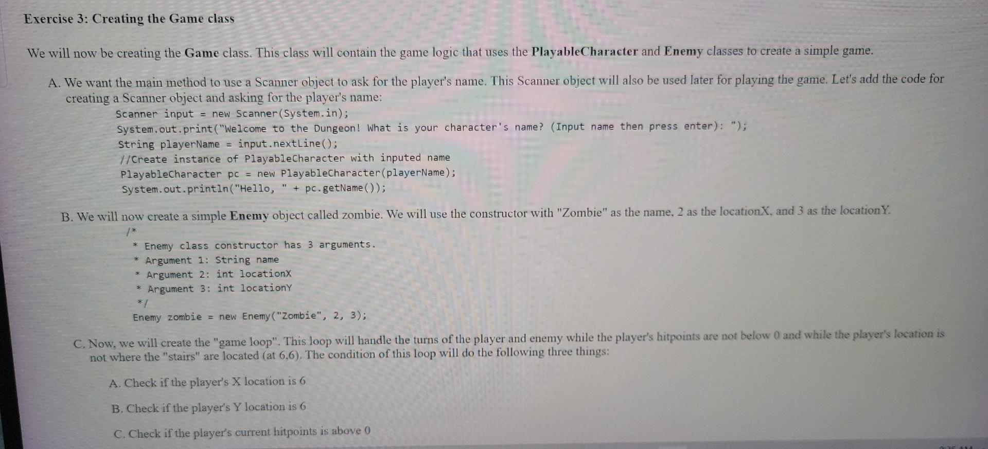 Need To Complete A Program In Java Please There S 3 Exercises The Program Is A Game With A Character Class Enemy Clas 8