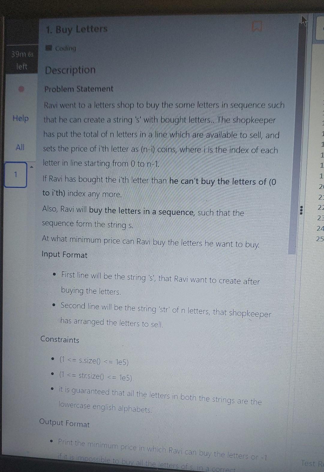 39m 6s Left Help All 1 1 Buy Letters Coding Description Problem Statement Ravi Went To A Letters Shop To Buy The Some L 1