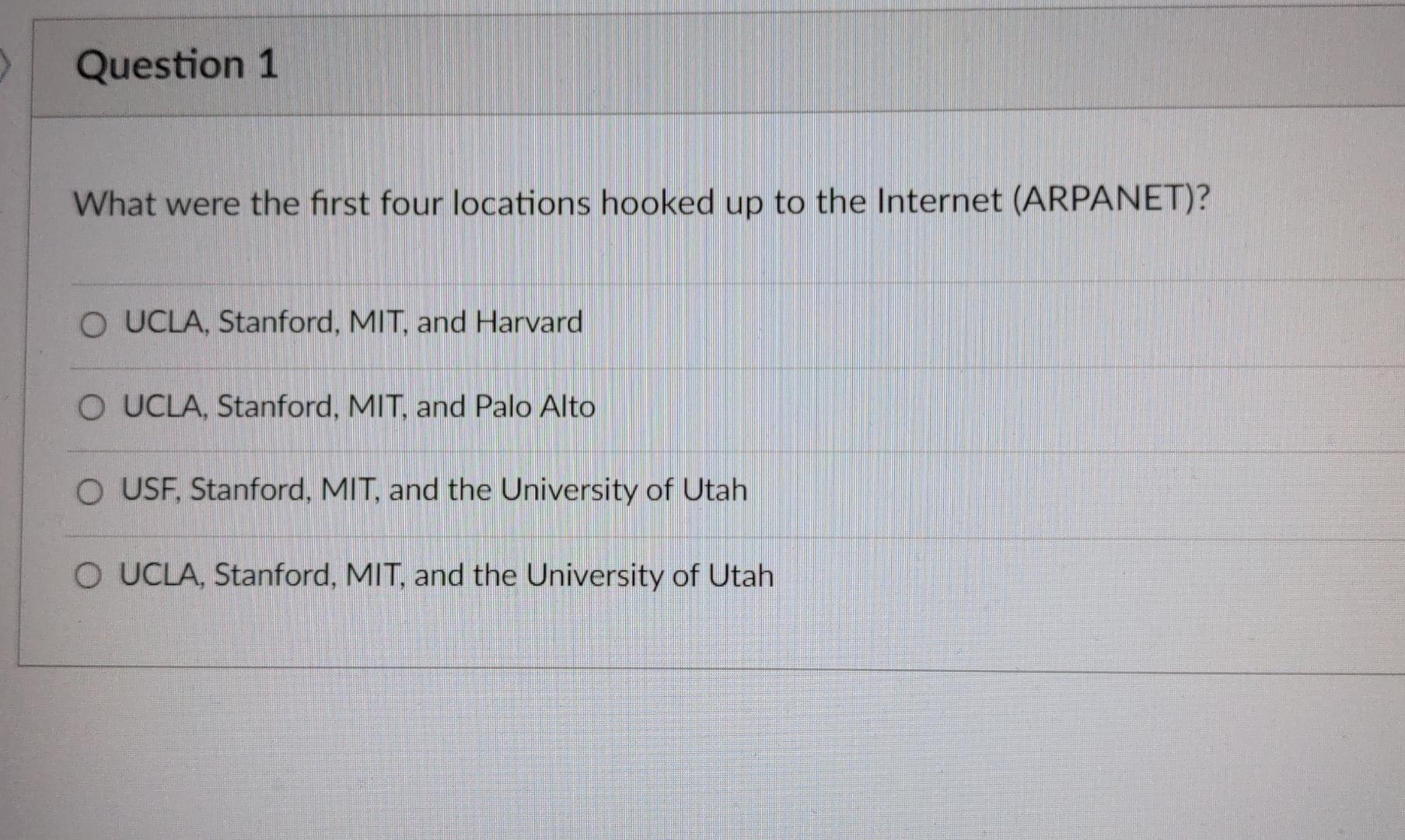 Question 1 What Were The First Four Locations Hooked Up To The Internet Arpanet O Ucla Stanford Mit And Harvard O 1