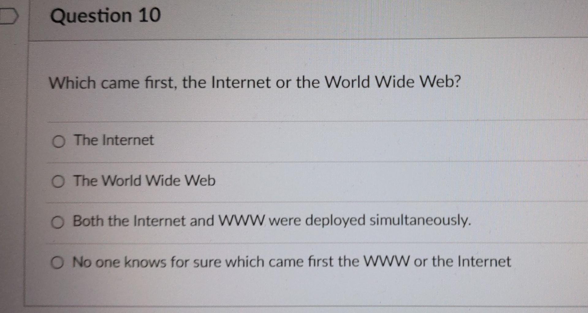 Question 1 What Were The First Four Locations Hooked Up To The Internet Arpanet O Ucla Stanford Mit And Harvard O 10