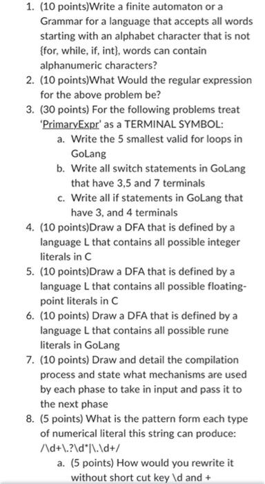 1 10 Points Write A Finite Automaton Or A Grammar For A Language That Accepts All Words Starting With An Alphabet Char 1