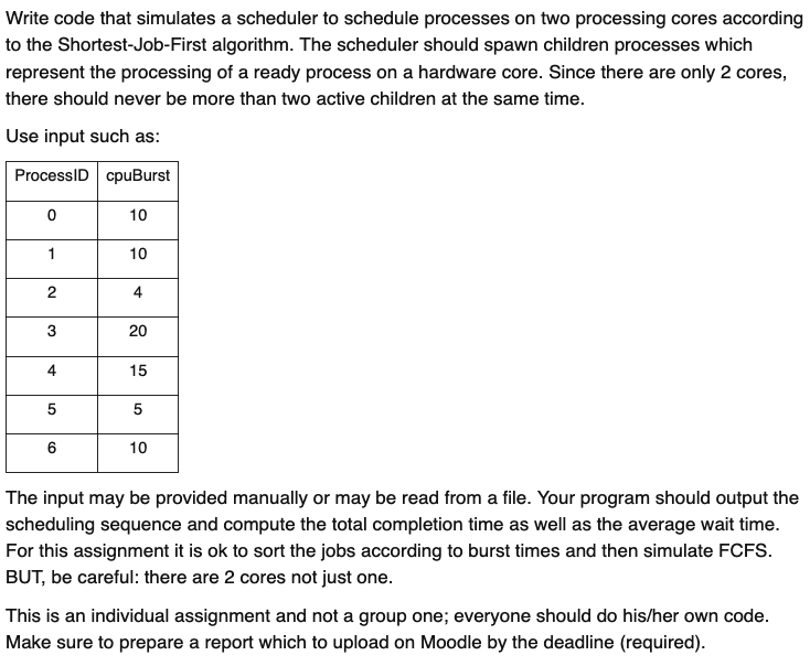 Write Code That Simulates A Scheduler To Schedule Processes On Two Processing Cores According To The Shortest Job First 1