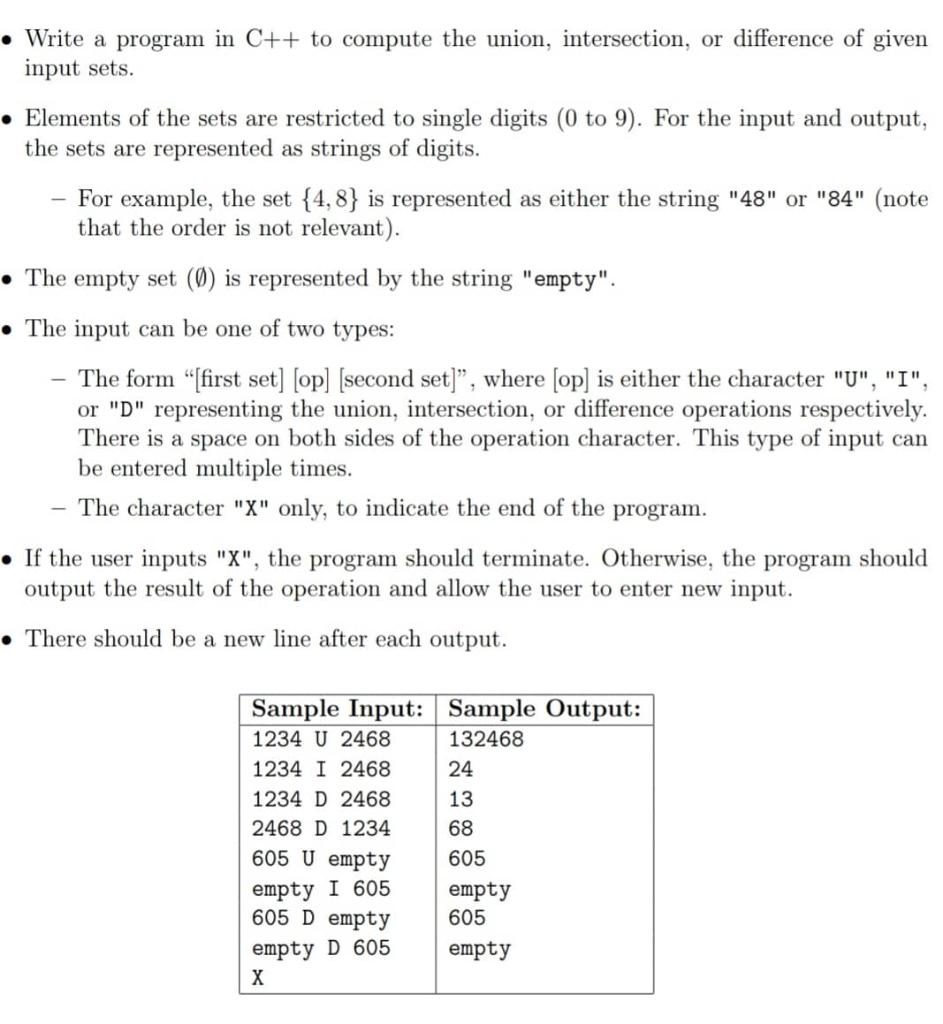 Write A Program In C To Compute The Union Intersection Or Difference Of Given Input Sets Elements Of The Sets Are 1