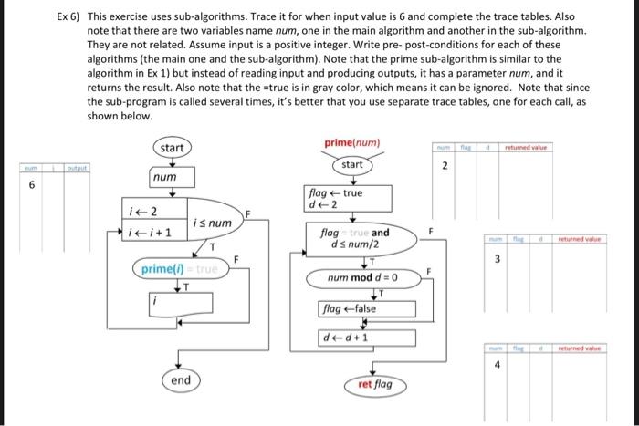 Num 6 Ex 6 This Exercise Uses Sub Algorithms Trace It For When Input Value Is 6 And Complete The Trace Tables Also No 1