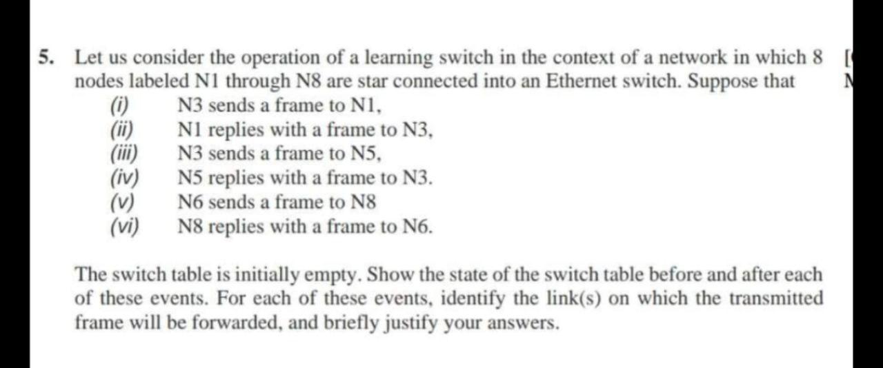 5 Let Us Consider The Operation Of A Learning Switch In The Context Of A Network In Which 8 Nodes Labeled N1 Through 1