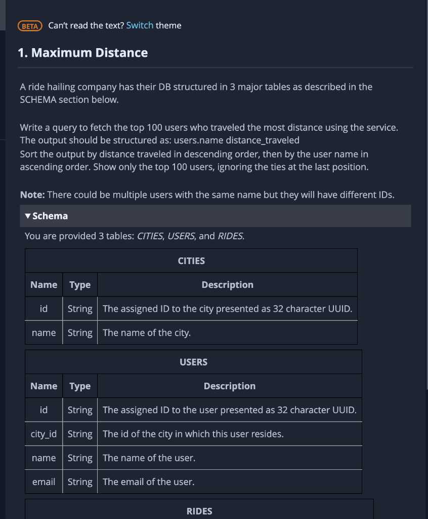 A Ride Hailing Company Has Their Db Structured In 3 Major Tables As Described In The Schema Section Below Write A Query 1