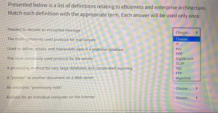 Presented Below Is A List Of Definitions Relating To Ebusiness And Enterprise Architecture Match Each Definition With T 1