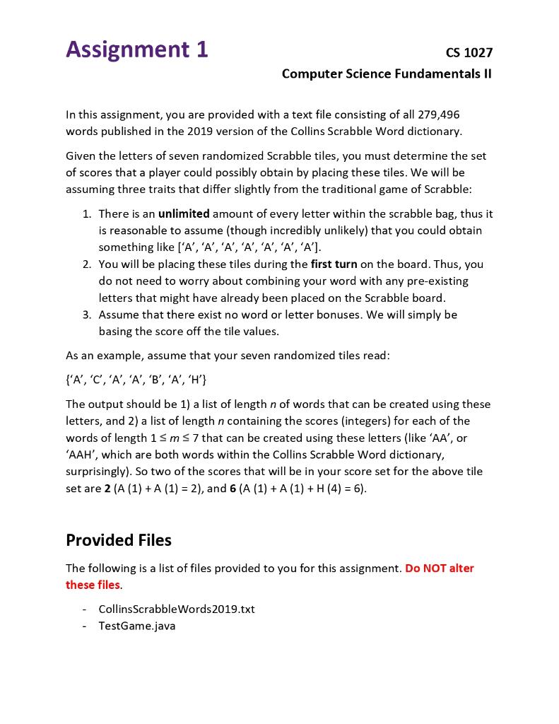 Assignment 1 Cs 1027 Computer Science Fundamentals Ii In This Assignment You Are Provided With A Text File Consisting O 1