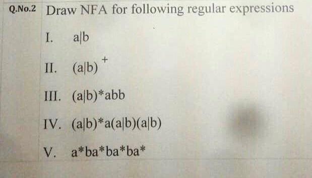 Q No 2 Draw Nfa For Following Regular Expressions I Alb Ii A B Iii Alb Abb Iv Alb A A B A B V A Ba Ba Ba 1