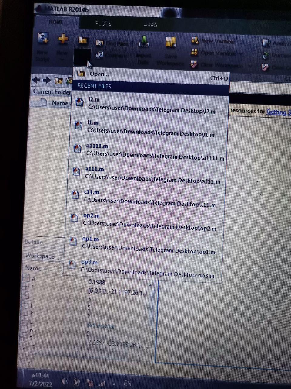 Details Matlab R2014b N Home Current Folder Name Workspace Name A F 01 44 7 2 2022 Open Recent Files 12 M 11 M C Use 1