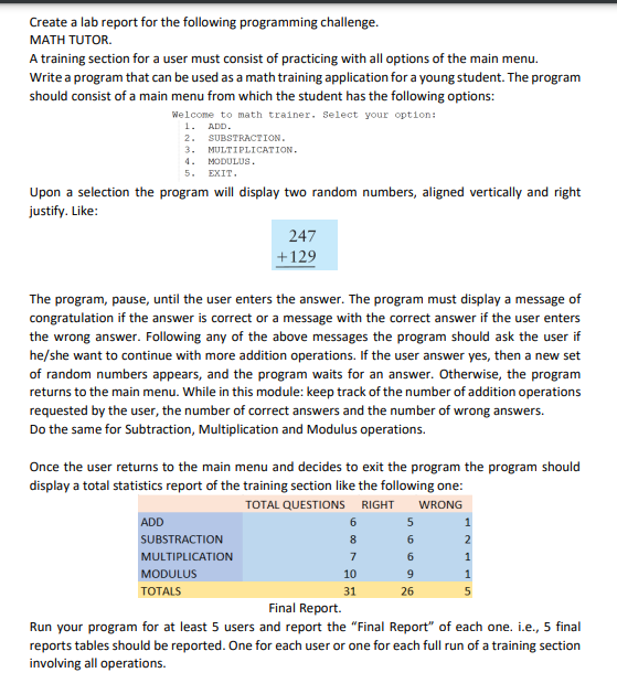 Create A Lab Report For The Following Programming Challenge Math Tutor A Training Section For A User Must Consist Of P 1