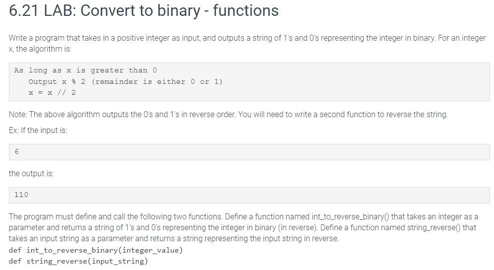 Def Int To Reverese Binary Integer Value Bits Bits Append Str 0 If Integer Value 2 0 Else 1 While In 1