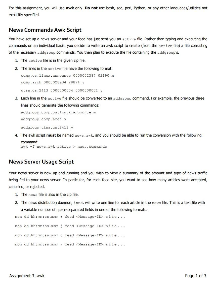 For This Assignment You Will Use Awk Only Do Not Use Bash Sed Perl Python Or Any Other Languages Utilities Not Exp 1