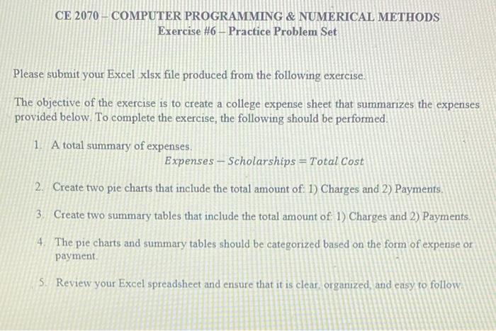 Ce 2070 Computer Programming Numerical Methods Exercise 6 Practice Problem Set Please Submit Your Excel Xlsx File P 1