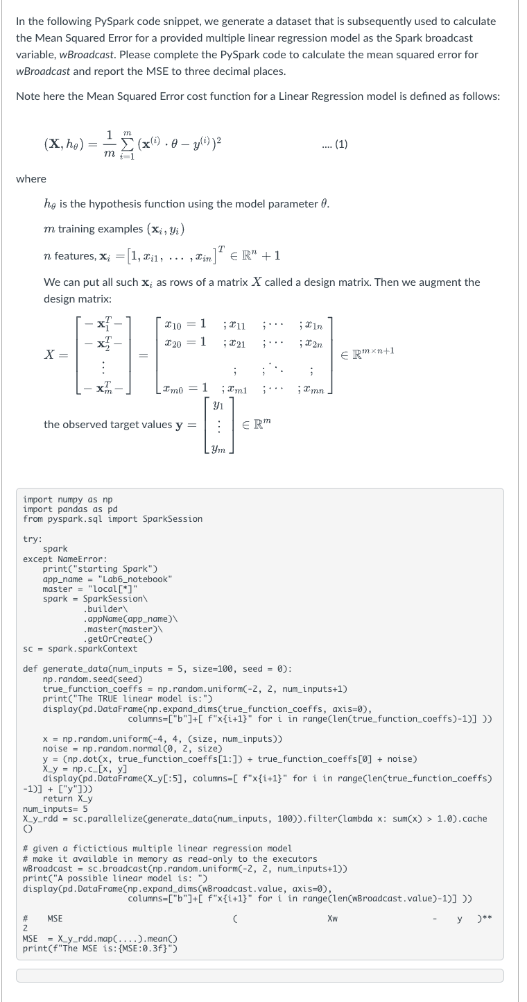 In The Following Pyspark Code Snippet We Generate A Dataset That Is Subsequently Used To Calculate The Mean Squared Err 1