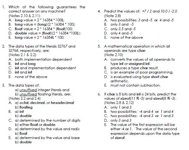 1 Which Of The Following Guarantees The Correct Answer On Any Machine Notes 2 10 2 11 A Long Value 2 16384 1 1