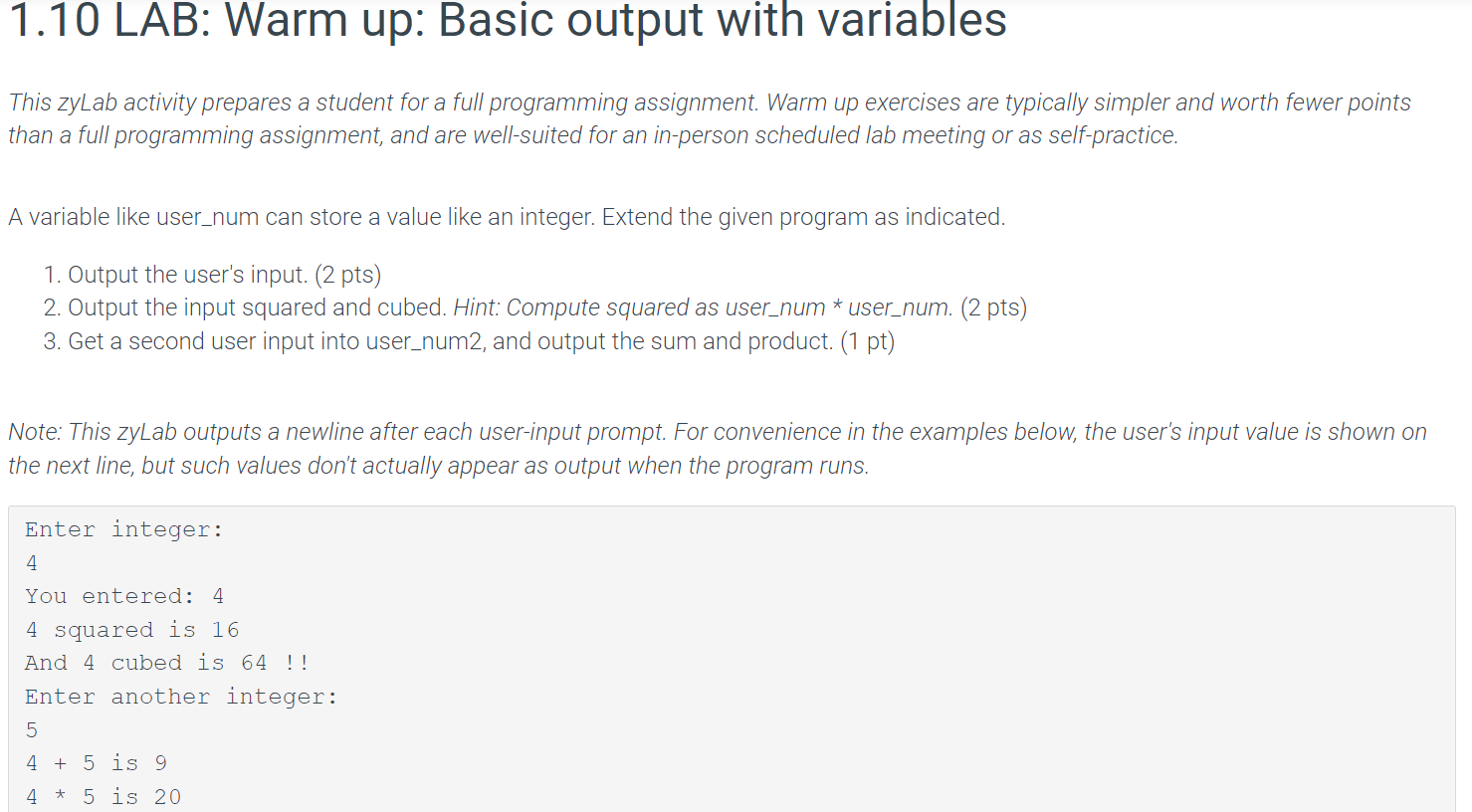 1 10 Lab Warm Up Basic Output With Variables This Zylab Activity Prepares A Student For A Full Programming Assignment 1