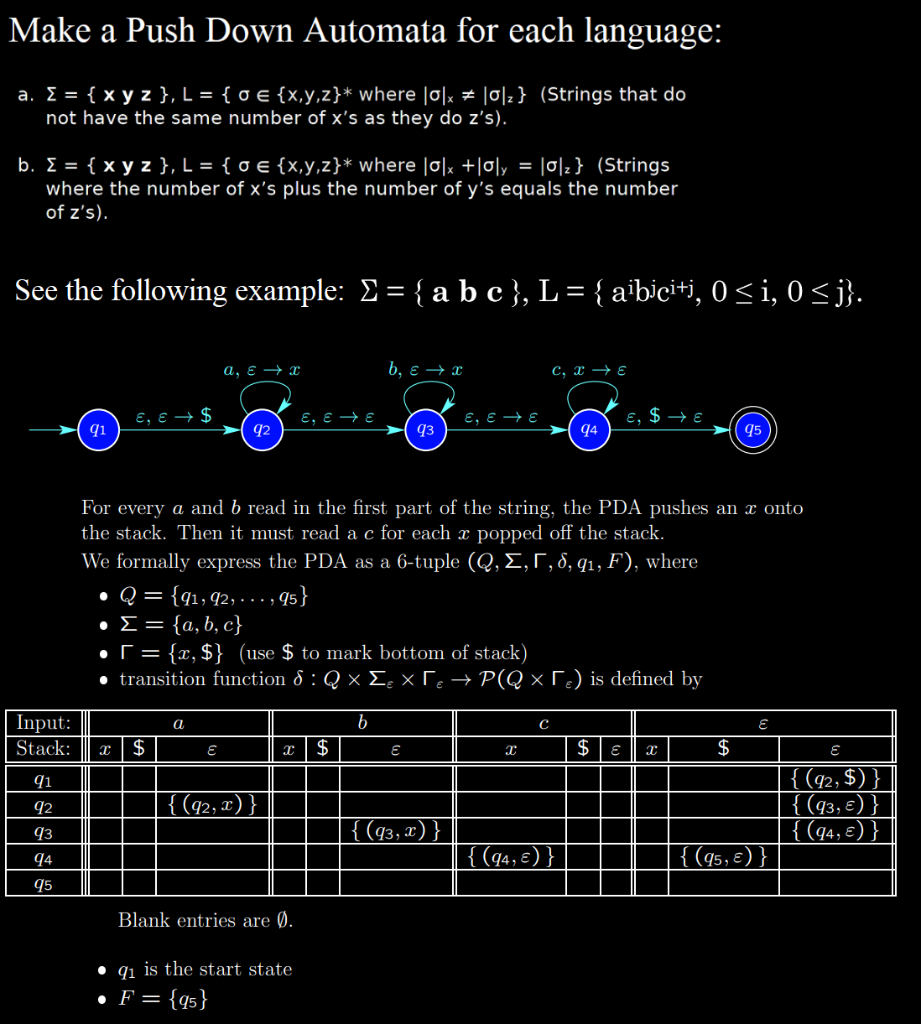 Make A Push Down Automata For Each Language A E X Y Z L 0 X Y Z Where 0 X 0 Strings That Do No 1