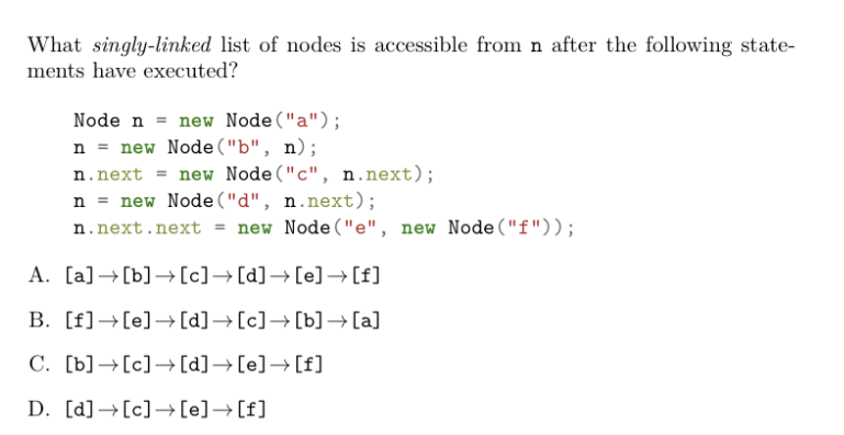 What Singly Linked List Of Nodes Is Accessible From N After The Following State Ments Have Executed Node N New Node 1