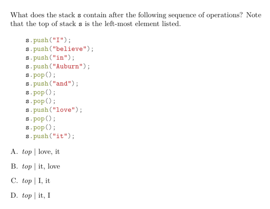What Does The Stack S Contain After The Following Sequence Of Operations Note That The Top Of Stack S Is The Left Most 1