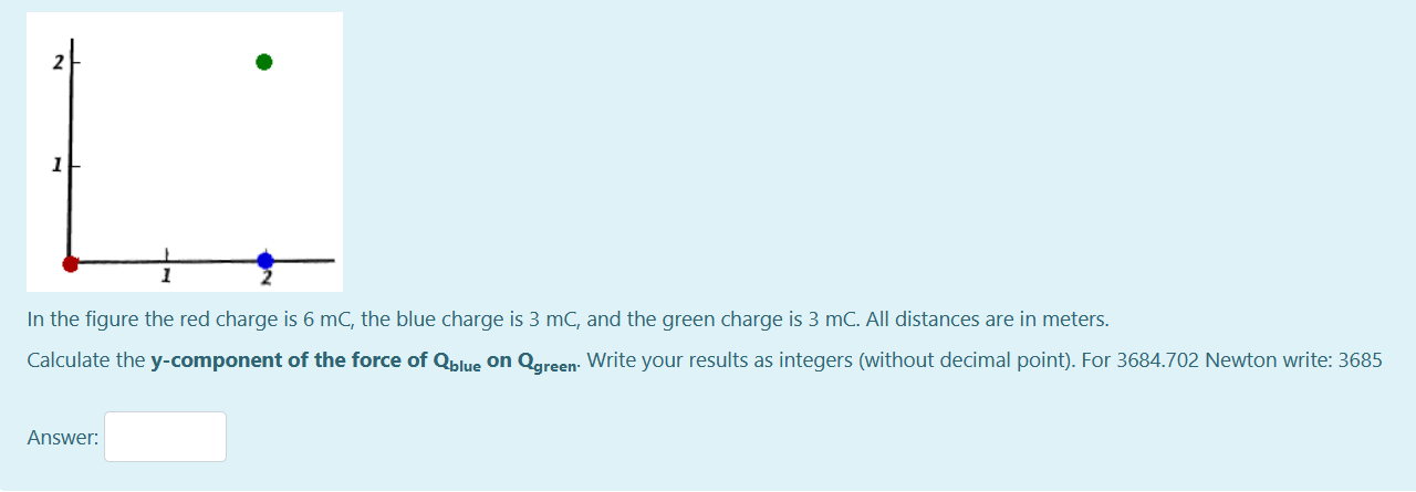 In The Figure The Red Charge Is 6 Mc The Blue Charge Is 3 Mc And The Green Charge Is 3 Mc All Distances Are In Meters 1