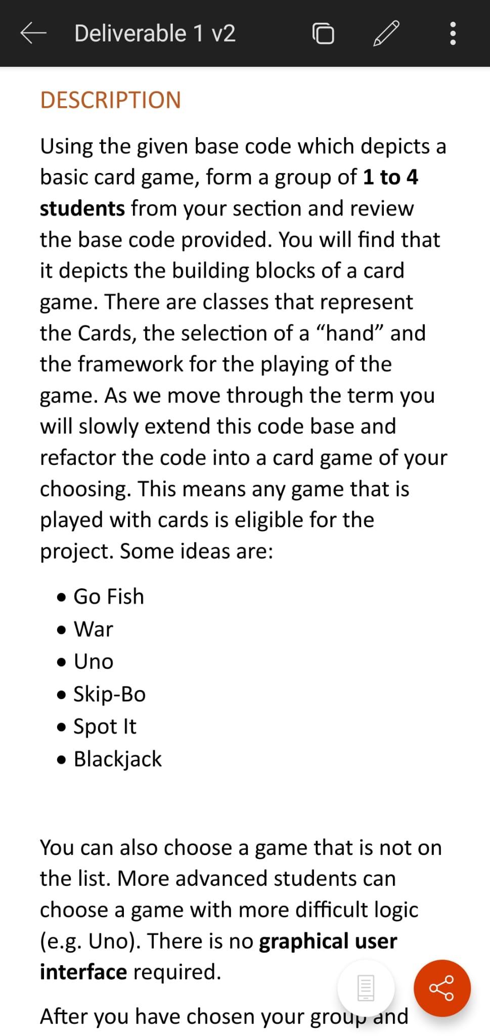Deliverable 1 V2 Description Using The Given Base Code Which Depicts A Basic Card Game Form A Group Of 1 To 4 Students 1
