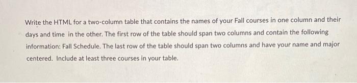 Write The Html For A Two Column Table That Contains The Names Of Your Fall Courses In One Column And Their Days And Time 1