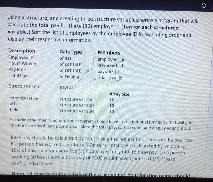 Using A Structure And Creating Three Structure Variables Write A Program That Will Calculate The Total Pay For Thirty 1