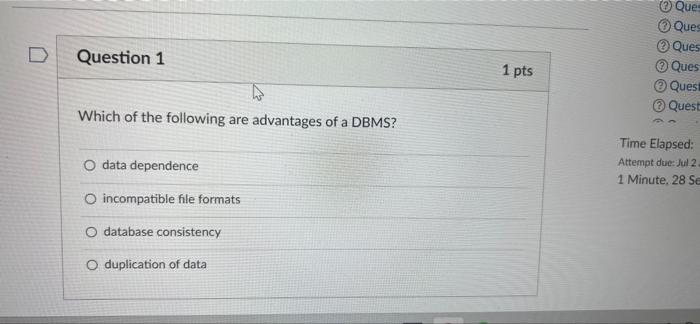 D Question 1 Which Of The Following Are Advantages Of A Dbms O Data Dependence O Incompatible File Formats O Database C 1