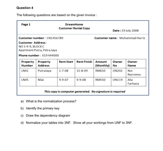 Question 4 The Following Questions Are Based On The Given Invoice Page 1 Customer Number Cn1456789 Customer Address N 1