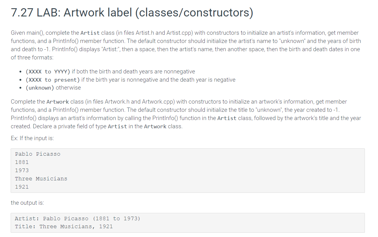 7 27 Lab Artwork Label Classes Constructors Given Main Complete The Artist Class In Files Artist H And Artist Cpp 1