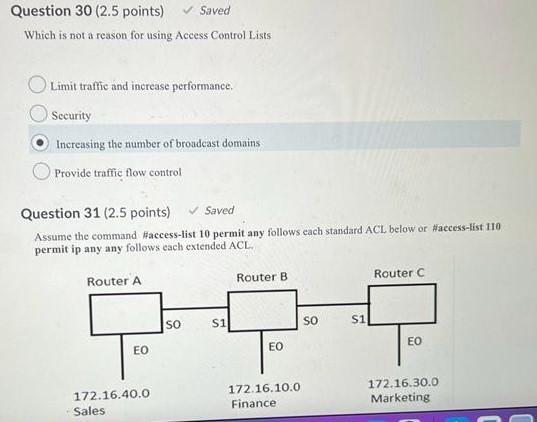 Question 30 2 5 Points Saved Which Is Not A Reason For Using Access Control Lists Limit Traffic And Increase Performan 1