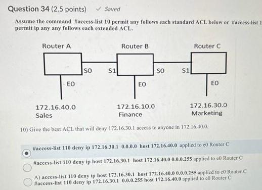 Question 34 2 5 Points Saved Assume The Command Access List 10 Permit Any Follows Each Standard Acl Below Or Acces 1