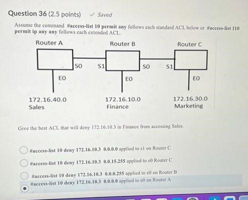 Question 36 2 5 Points Saved Assume The Command Access List 10 Permit Any Follows Each Standard Acl Below Or Acces 1