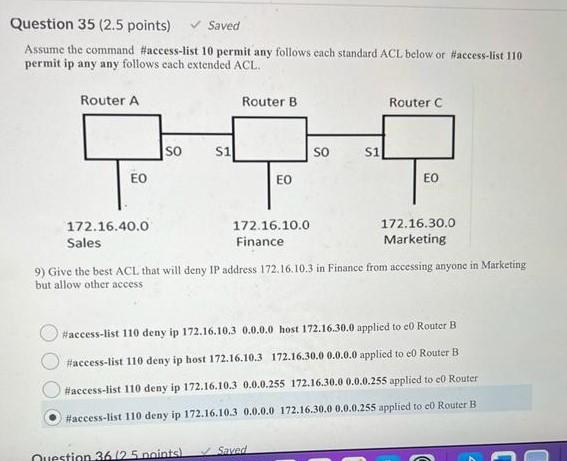Question 35 2 5 Points Saved Assume The Command Access List 10 Permit Any Follows Each Standard Acl Below Or Access 1
