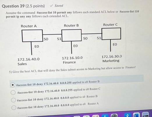 Question 39 2 5 Points Saved Assume The Command Access List 10 Permit Any Follows Each Standard Acl Below Or Access 1