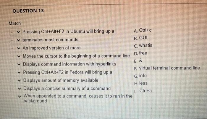 Question 13 Match A Ctrl C B Gui C Whatis D Free E F Virtual Terminal Command Line G Info H Less 1 Ctrl A Pre 1