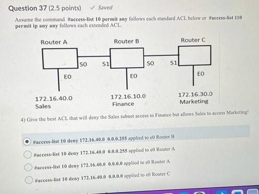 Question 37 2 5 Points Saved Assume The Command Access List 10 Permit Any Follows Cach Standard Acl Below Or Acces 1