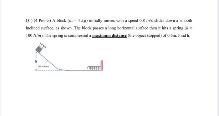 Q1 4 Points A Block M 4 Kg Initially Moves With A Speed 0 8 M S Slides Down A Smooth Inclined Surface As Shown T 1