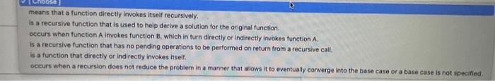 Match The Following Direct Recursion Indirect Recursion Infinite Recursion Tail Recursion Recursive Function Recursive 2