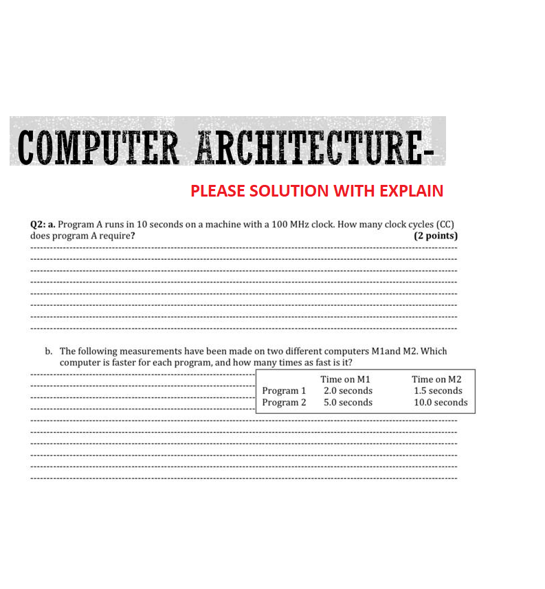 Computer Architecture Please Solution With Explain Q2 A Program A Runs In 10 Seconds On A Machine With A 100 Mhz Cloc 1